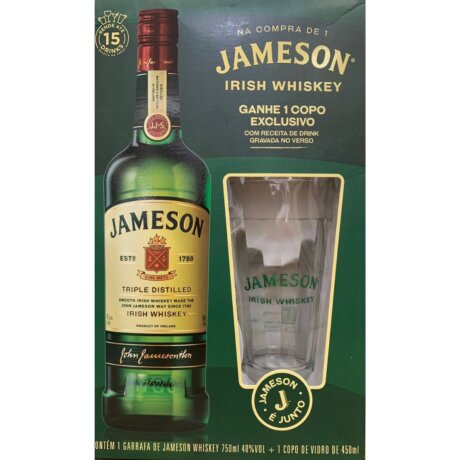 Kit Whisky Jameson Triple Distilled Irish 750ml Com Copo de Vidro de 450ml Personalizado